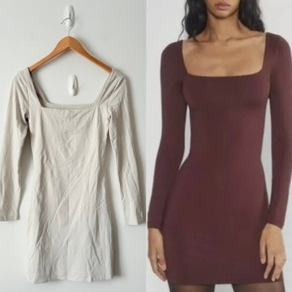 Aritzia Contour Squareneck Longsleeve Mini Dress Bone White Size Small - Picture 1 of 5
